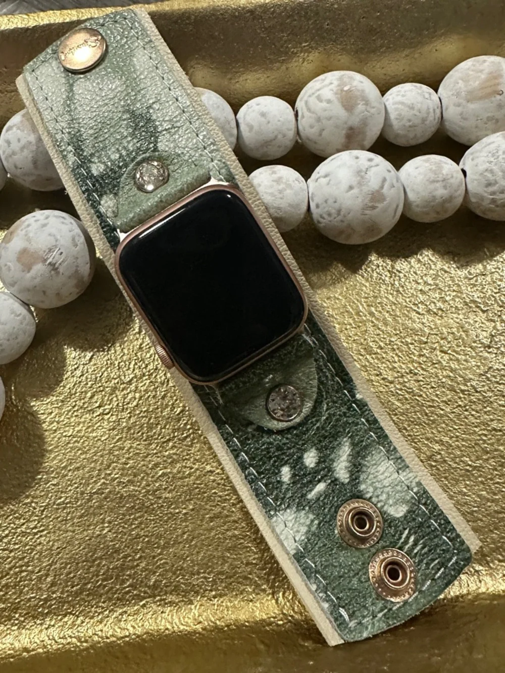 Leather Watch Cuff in Green Tie-Dye with Gold Hardware. Large adapters.